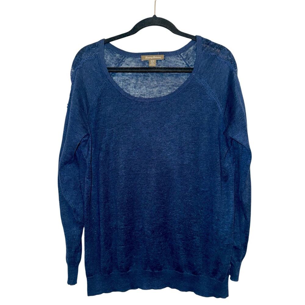 Tommy Bahama navy crew neck sweater semi sheer with‎ lace detail on arms
